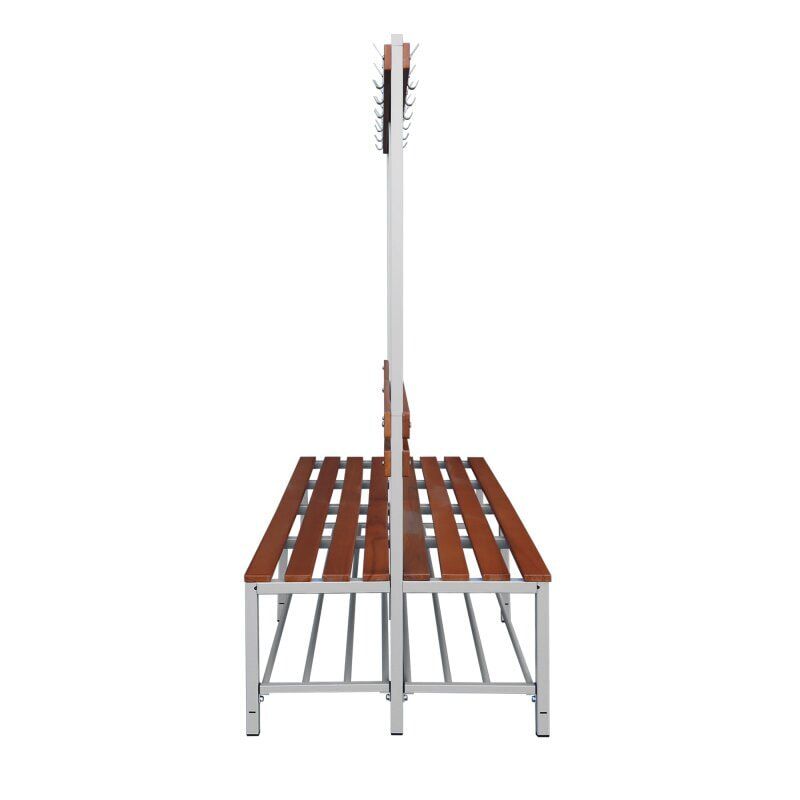 Umkleidebank, doppelseitig, Schuhrost, Haken, Breite 1.200 mm, Sitzhöhe 400 mm, Stahl mit Holzleisten, Gestell: lichtgrau, Sitzleisten: Buche