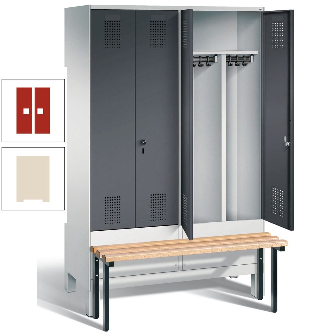 Doppel-Spind, Garderobenschrank, Buche Sitzbank vorgebaut, 4 Abteile a 300 mm, Korpus feuerrot, Tür Wasserblau, 1.850 x 1.200 x 815 mm (HxBxT)