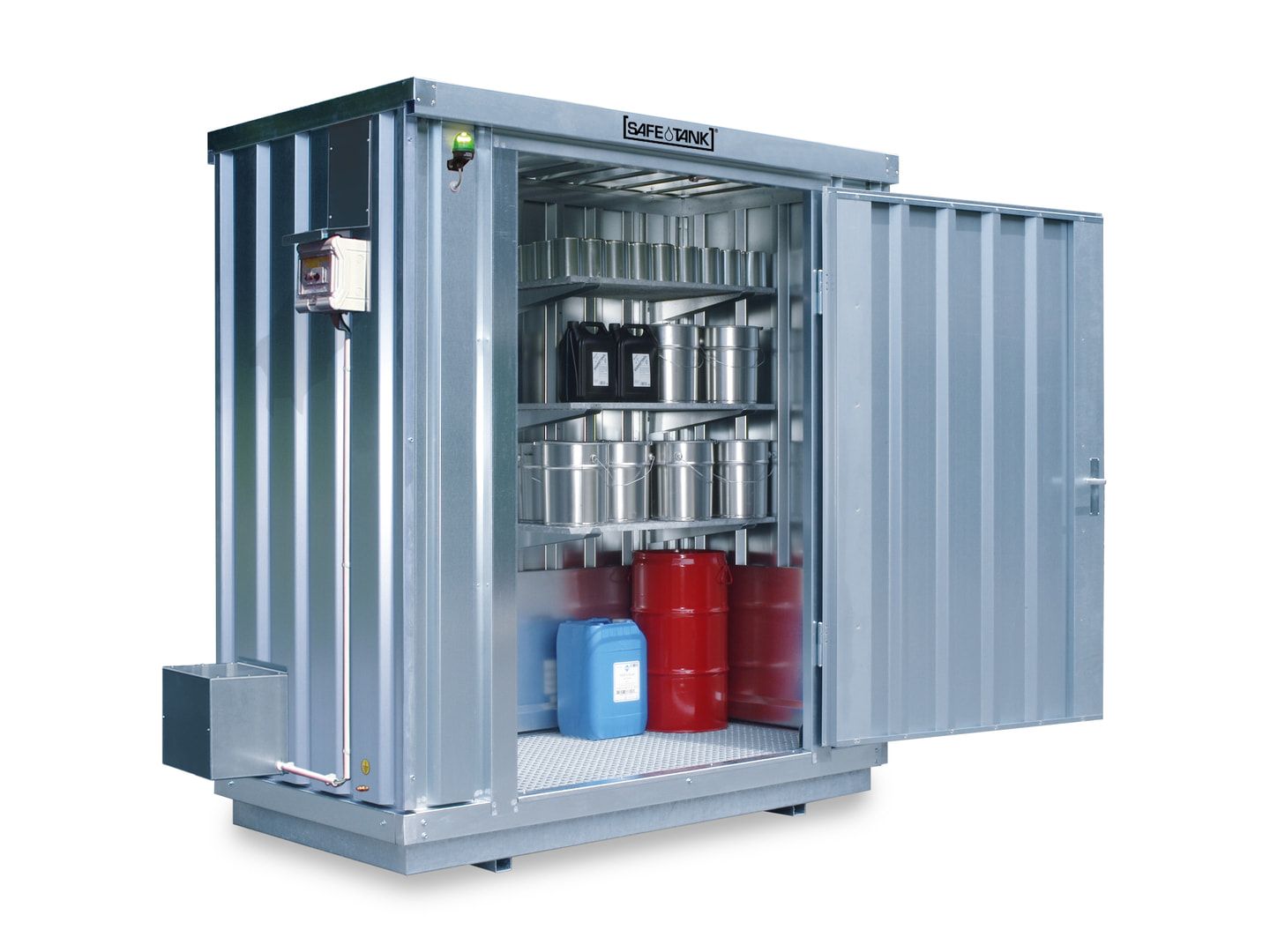 Gefahrstoffcontainer - Gefahrstoffdepot - 2.300 x 2.100 x 1.140 mm (HxBxT) - Auffangvolumen 275 l - Doppelflügeltür - mit Sensorlüfter