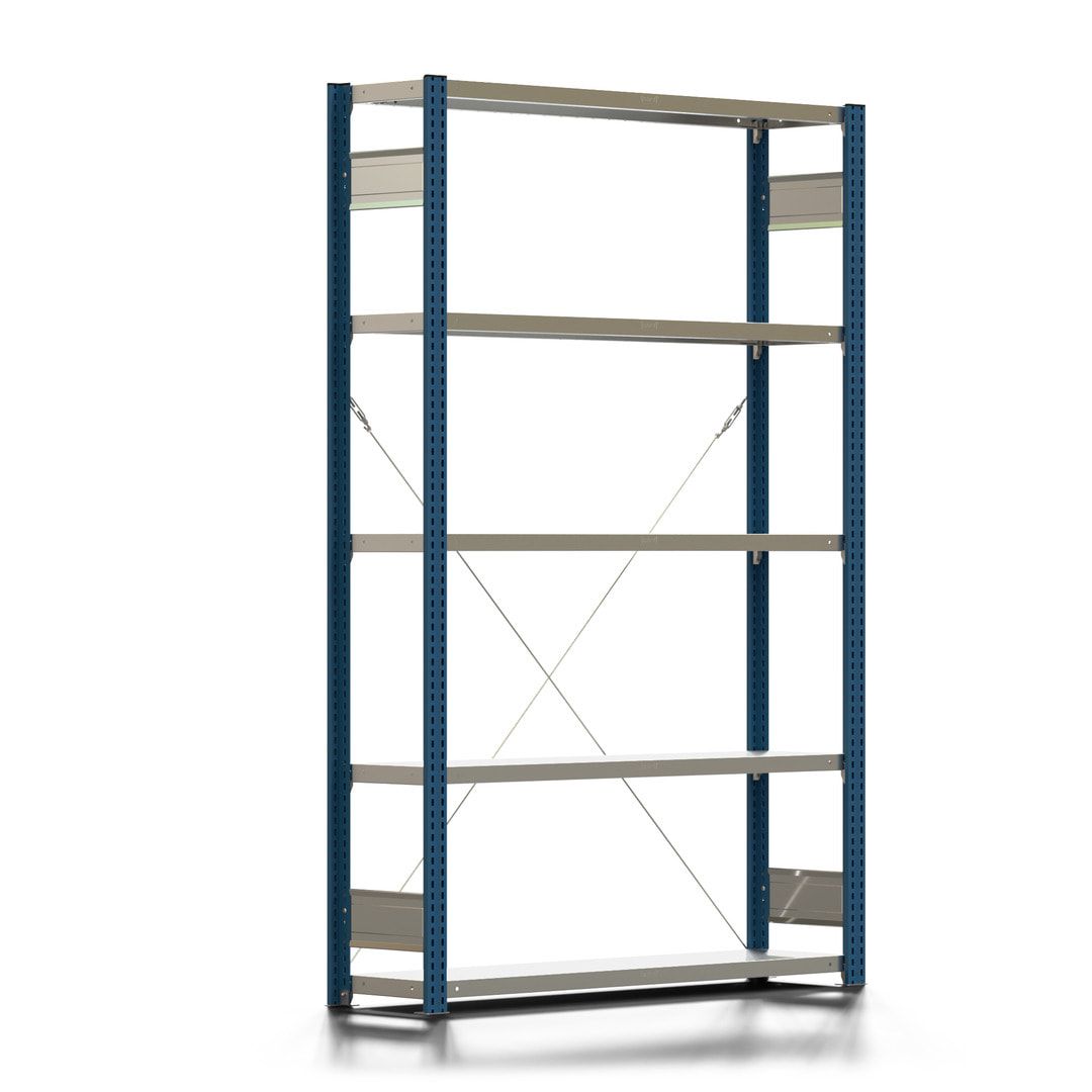 Fachbodenregal mit Tiefenriegel - 350 kg - 2.000 x 1.285 x 326 mm (HxBxT) - Anbauregal - 5 Böden - enzianblau - Lagerregal - Steckregal BERT
