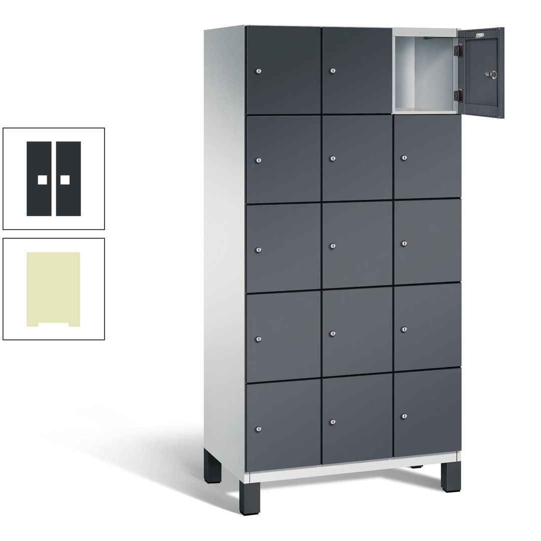 Fächerschrank, Stahlschrank, 15 Fächer, Türöffnungsbegrenzer, Füße, 1.980 x 900 x 525 mm (HxBxT), Korpus anthrazitgrau, Front anthrazitgrau