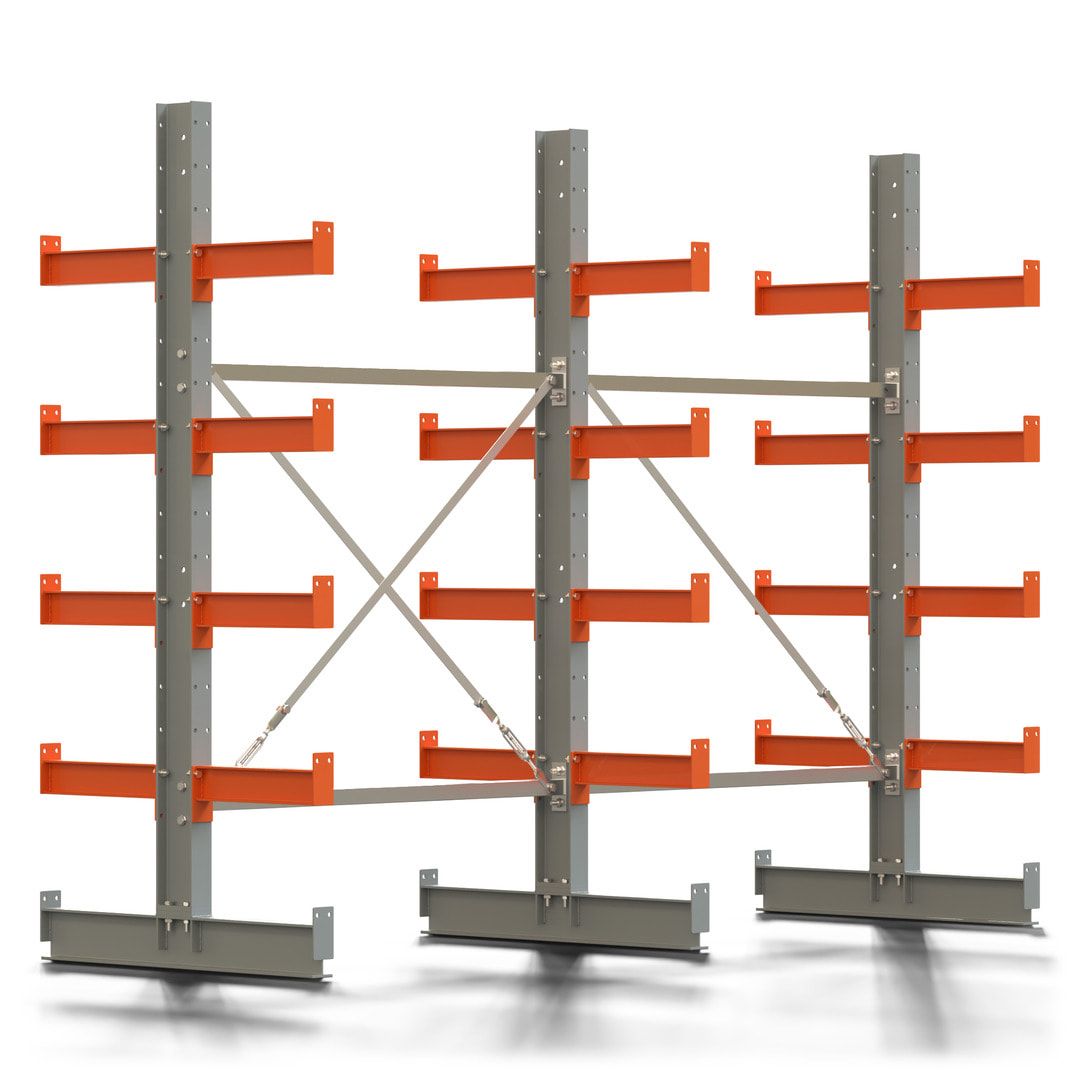 Doppelseitiges Kragarmregal, 2 Felder, 2.000 x 2.560 x 1.120 mm (HxBxT), Nutztiefe 500 mm, Kragarmlast 870 kg, KARL basic, silbergrau/reinorange