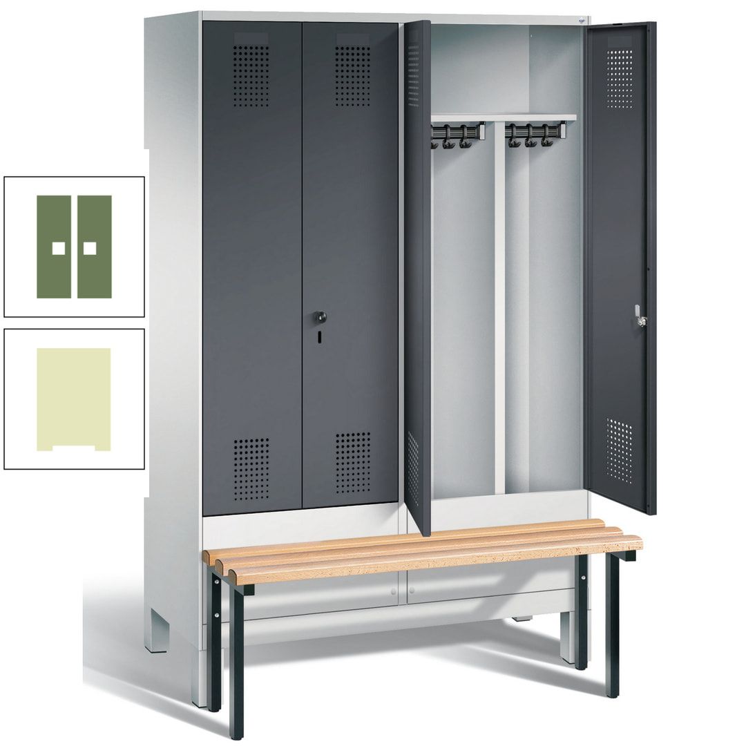 Doppel-Spind, Garderobenschrank, Buche Sitzbank vorgebaut, 4 Abteile a 300 mm, Korpus feuerrot, Tür Wasserblau, 1.850 x 1.200 x 815 mm (HxBxT)
