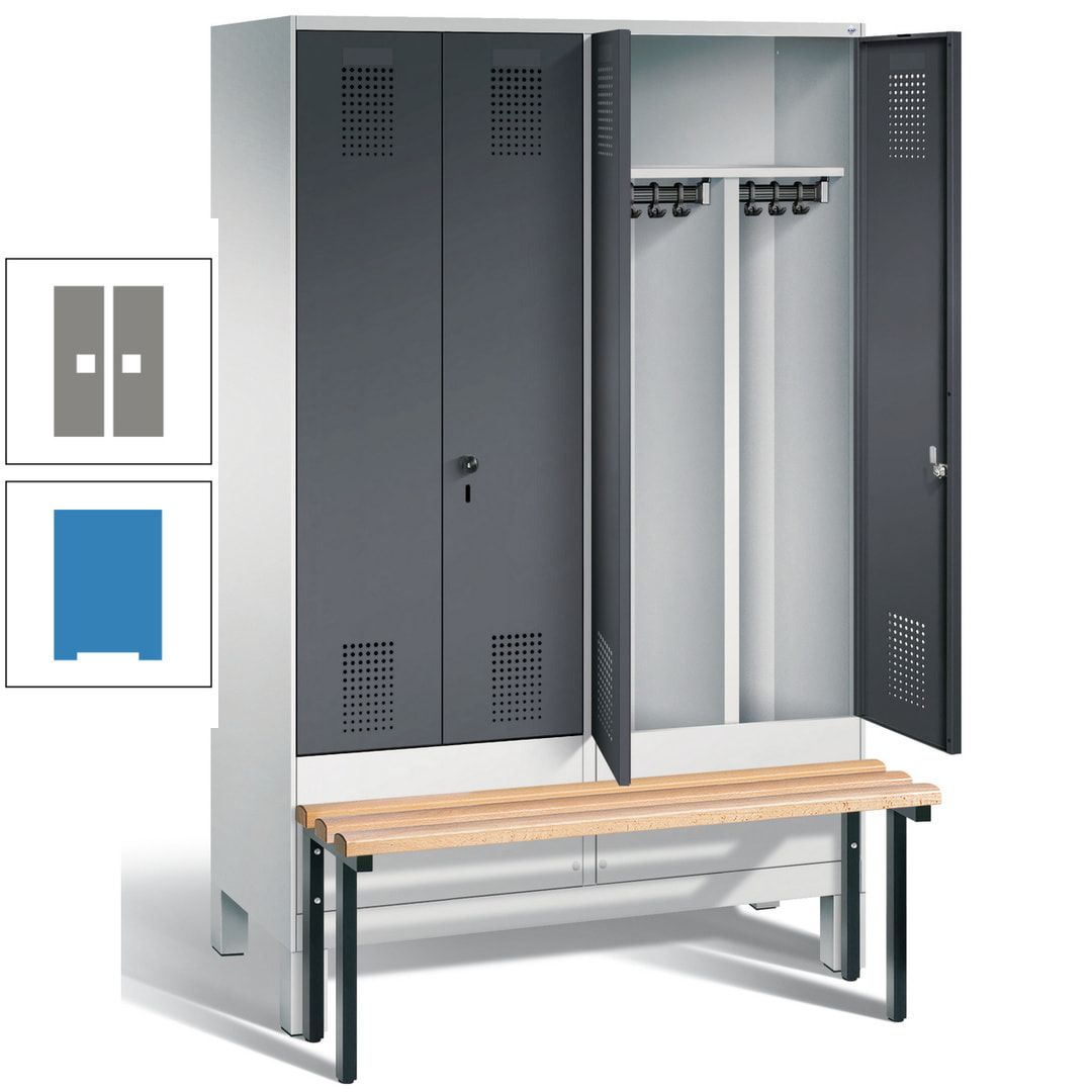 Doppel-Spind, Garderobenschrank, Buche Sitzbank vorgebaut, 4 Abteile a 300 mm, Korpus feuerrot, Tür Wasserblau, 1.850 x 1.200 x 815 mm (HxBxT)
