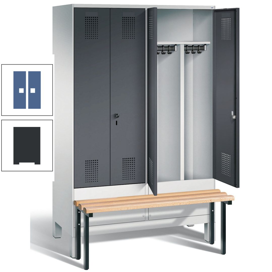 Doppel-Spind, Garderobenschrank, Buche Sitzbank vorgebaut, 4 Abteile a 300 mm, Korpus feuerrot, Tür Wasserblau, 1.850 x 1.200 x 815 mm (HxBxT)