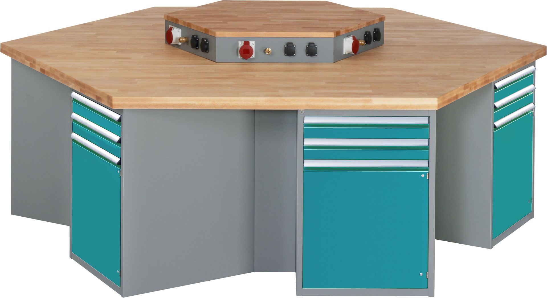 Gruppenwerkbank, Buche, Höhe 840 mm, mit Energieaufsatz, Unterbau-Container, 2 Schubladen, 1 Tür, 1 Boden - Anthrazitgrau