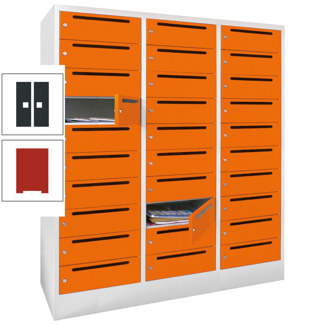 Postverteilerschrank, Schließfachschrank, 3 Abteile a 40 cm, 30 Fächer, 1.850 x 1.200 x 500 mm (HxBxT), Korpus anthrazitgrau, Front anthrazitgrau
