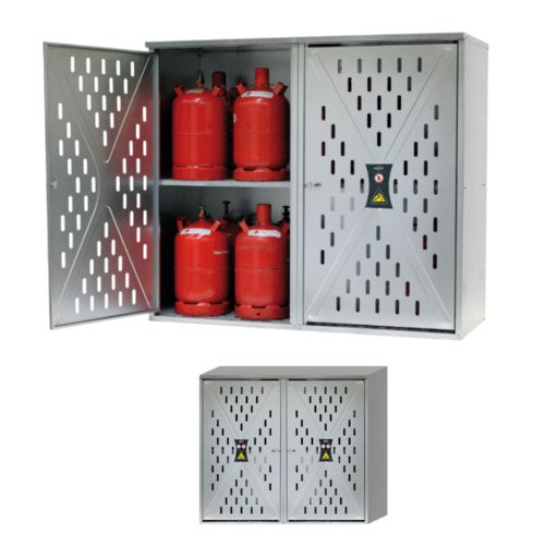 Gasflaschenschrank, Flaschenschrank, für 5 kg, 11 kg oder 33 kg Propangas, Flüssiggas, 2-Türig, Rückwand, Bodenrost, 1.500 x 1.680 x 690 mm (HxBxT)