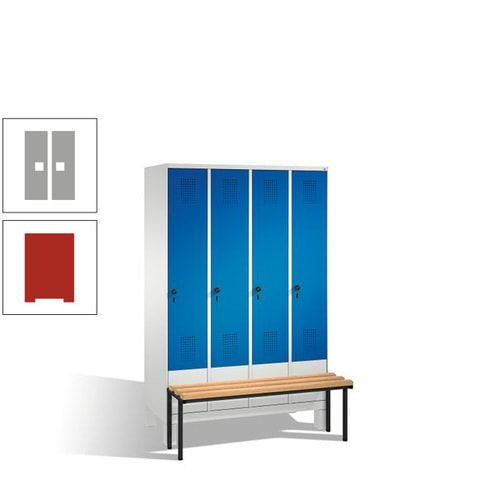 Stahl-Garderobenschrank, Spind, Buche Sitzbank vorgebaut, 4 Abteile a 300 mm, Korpus Lichtgrün, Tür Schwefelgelb, 1.850 x 1.200 x 815 mm (HxBxT)