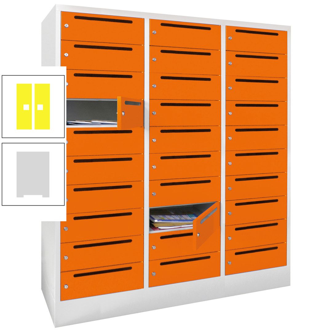 Postverteilerschrank, Schließfachschrank, 3 Abteile a 40 cm, 30 Fächer, 1.850 x 1.200 x 500 mm (HxBxT), Korpus anthrazitgrau, Front anthrazitgrau