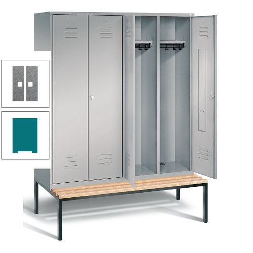 Doppel-Spindschrank, Buche Sitzbank untergebaut, 4 Abteile a 400 mm, Korpus lichtgrau, Tür anthrazitgrau, 2.090 x 1.590 x 815 mm (HxBxT)