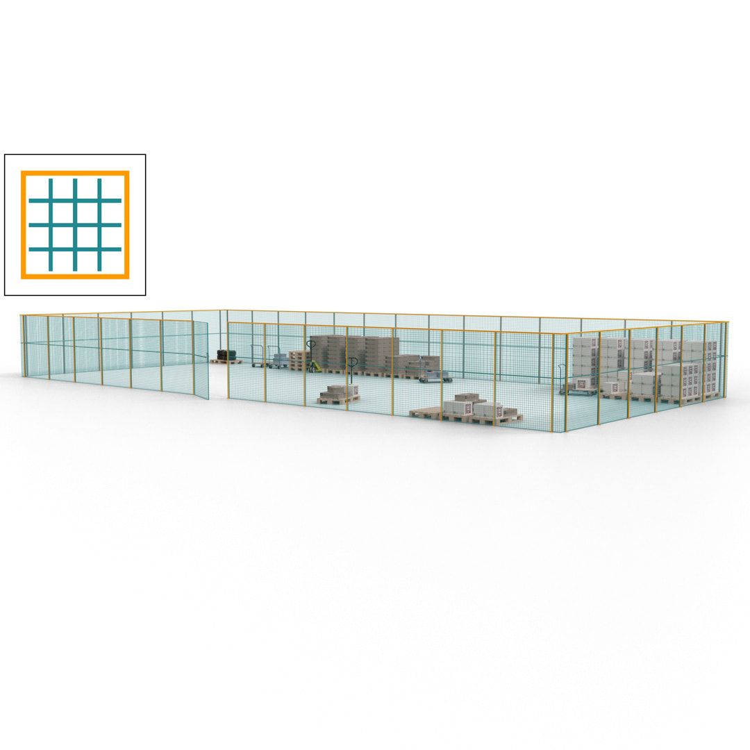 Maschinen Schutzgitter - Hallentrennwand - Sicherheitszaun - Tür - 60 m - 2.200 x 21.400 x 9.400 mm (HxBxT) - enzianblau