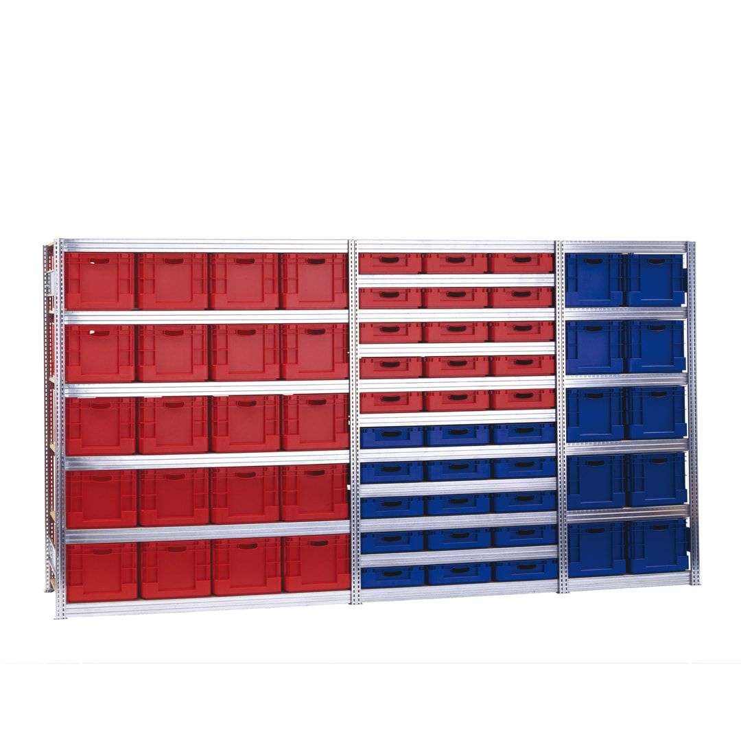 Steckregal BERT - Anbauregal mit 10 Eurokästen - 6 Böden - 350 kg - 2.075 x 875 x 600 mm - beidseitig bedienbar - erweiterbar - verzinkt