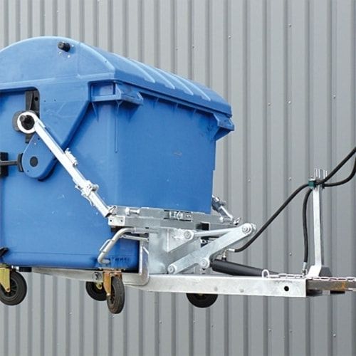 Mülltonnenkipper für Müllgroßbehälter, Gabelstapler geeignet, hydraulisch, Deckelsicherung, Kettensicherung, Traglast 600 kg, Farbe anthrazitgrau