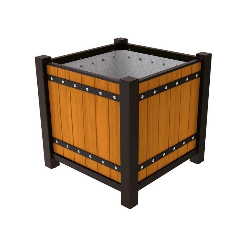 Pflanzbehälter, Pflanzgefäß, verzinkt, Eichenholzverkleidung, innen feuerverzinkt mit Verladungsgriffen, 960 x 1.060 x 1.060 mm (HxBxT), enzianblau