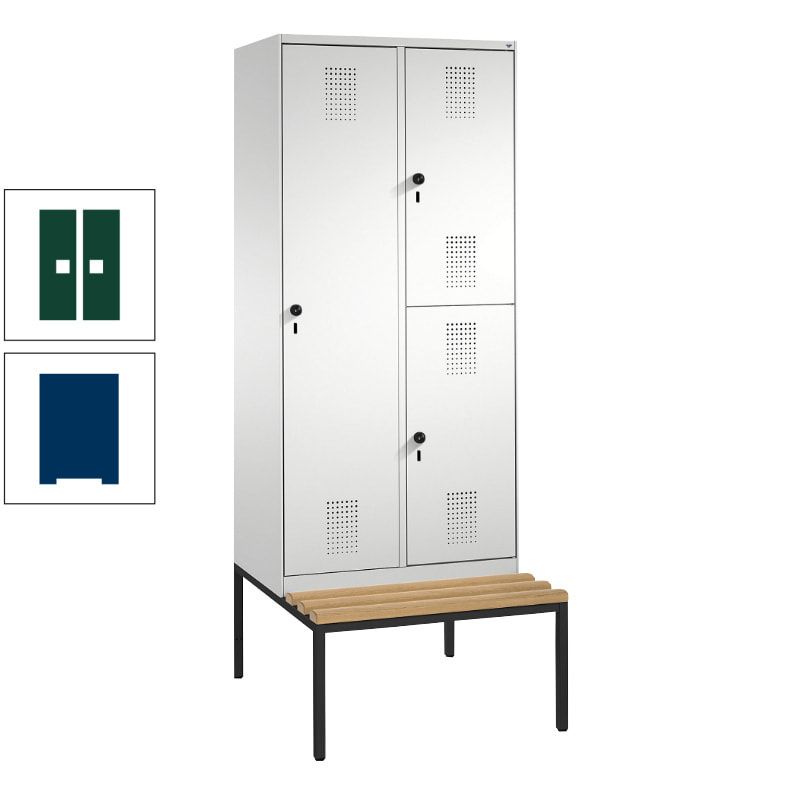 Garderobenschrank, Spind ein- und doppelstöckig Sitzbank, 2 Abteile, 3 Fächer, 2.090 x 800 x 500 mm (HxBxT), Front anthrazitgrau, Korpus anthrazitgrau