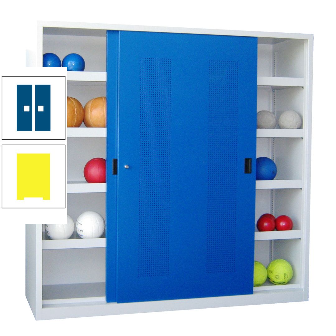 Ballschrank - Schiebetüren mit Lochfeld - Trennwand - 8 Böden - 1.950x2.000x600 mm (HxBxT) - anthrazitgrau