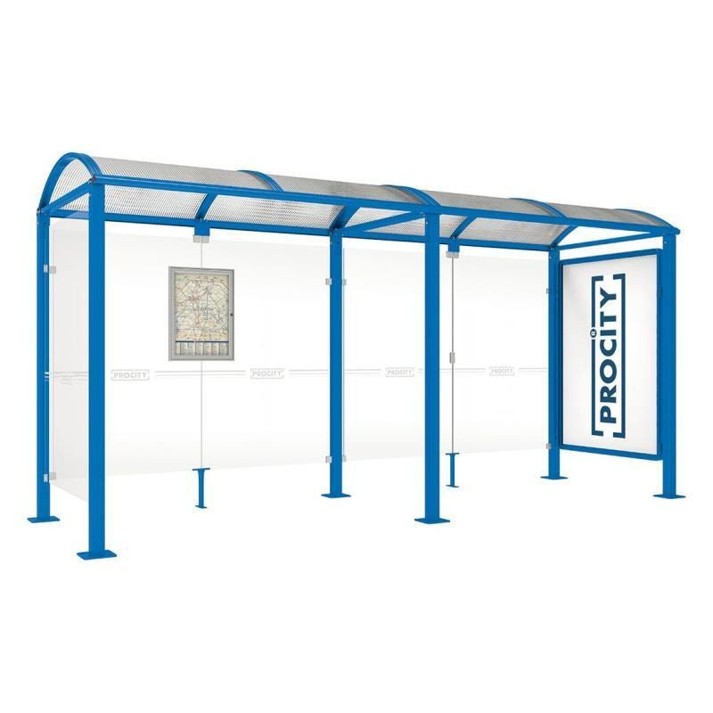Buswartehalle, Unterstand, 1 Seitenwand, Schaukasten, feuerverzinkt, 2.500 x 2.500 x 1.600 mm (HxBxT), ESG, Fahrplanschaukasten, Farbe enzianblau