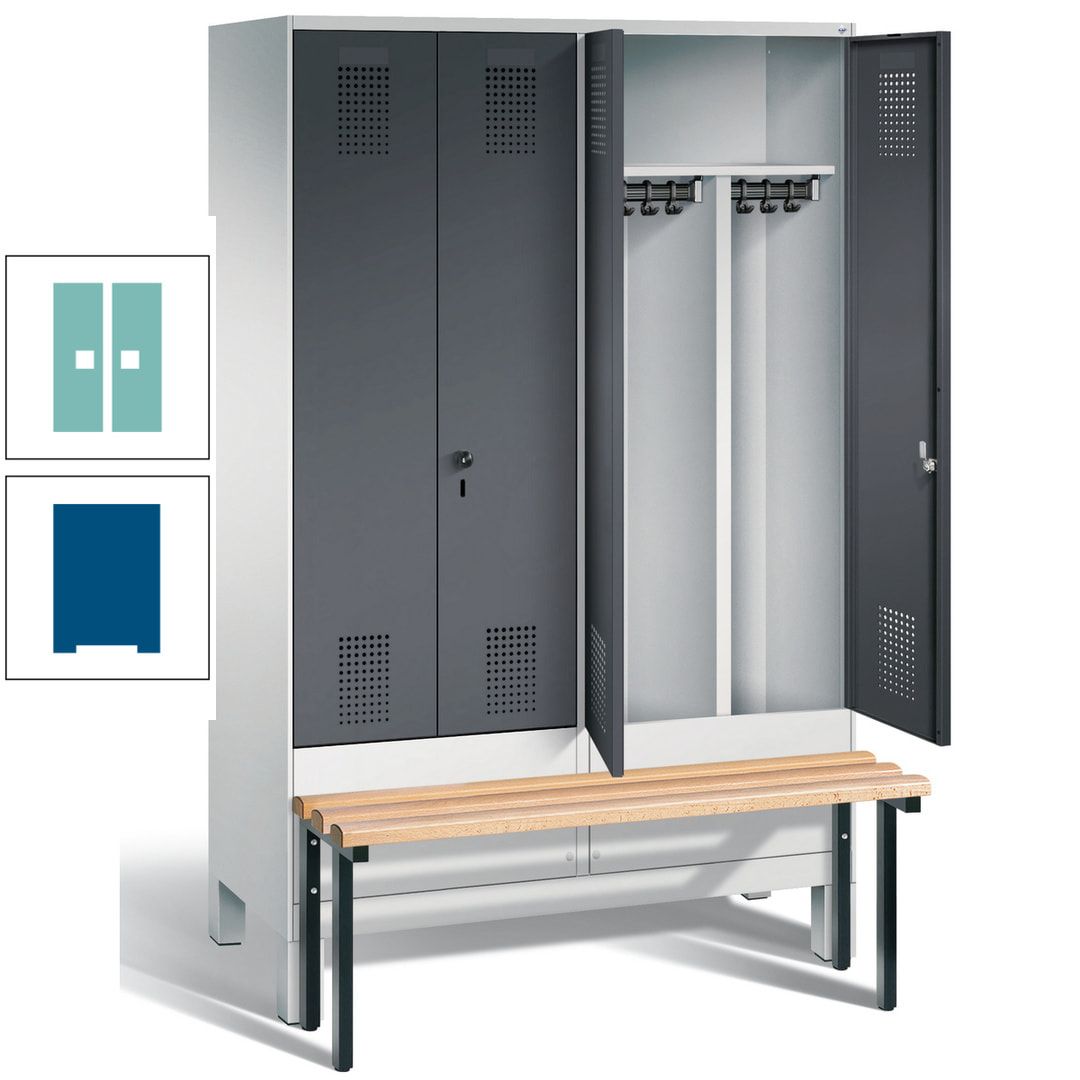 Doppel-Spind, Garderobenschrank, Buche Sitzbank vorgebaut, 4 Abteile a 300 mm, Korpus feuerrot, Tür Wasserblau, 1.850 x 1.200 x 815 mm (HxBxT)