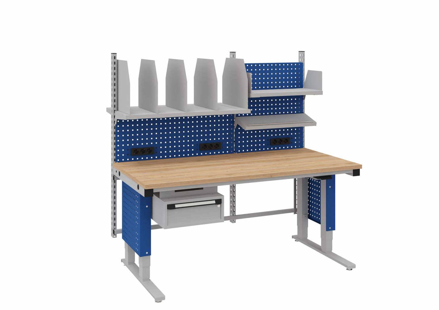 OTTOKIND Packarbeitsplatz, elektrisch höhenverstellbar 730 - 1.230 mm, 1.685 x 900 mm (BxT), Tragkraft 500 kg, 1 Schublade, ESD leitfähig, lichtgrau