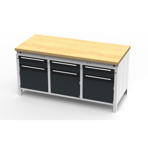 OTTOKIND Werkbank - bündige Arbeitsplatte - 850 x 1.695 x 750 mm (HxBxT) - 3 Schubladen - 3 Schränke - lichtgrau
