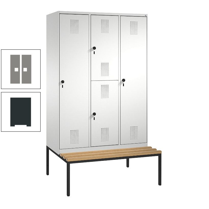 Garderobenschrank, Spind ein- und doppelstöckig Sitzbank, 3 Abteile, 4 Fächer, 2.090x1.200x500 mm (HxBxT), Front anthrazitgrau, Korpus anthrazitgrau