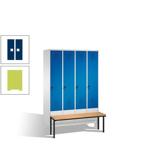 Stahl-Garderobenschrank, Spind, Buche Sitzbank vorgebaut, 4 Abteile a 300 mm, Korpus Lichtgrün, Tür Schwefelgelb, 1.850 x 1.200 x 815 mm (HxBxT)