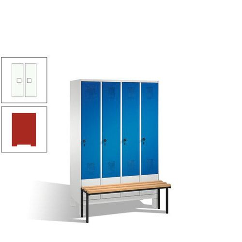 Stahl-Garderobenschrank, Spind, Buche Sitzbank vorgebaut, 4 Abteile a 300 mm, Korpus Lichtgrün, Tür Schwefelgelb, 1.850 x 1.200 x 815 mm (HxBxT)