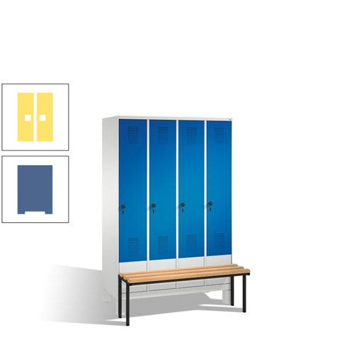 Stahl-Garderobenschrank, Spind, Buche Sitzbank vorgebaut, 4 Abteile a 300 mm, Korpus Lichtgrün, Tür Schwefelgelb, 1.850 x 1.200 x 815 mm (HxBxT)