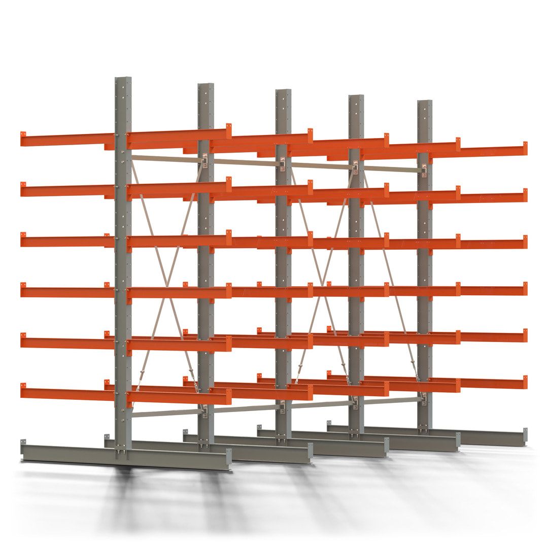 Doppelseitiges Kragarmregal, 2 Felder, 3.000 x 2.000 x 1.120 mm (HxBxT), Nutztiefe 500 mm, Kragarmlast 870 kg, KARL basic, silbergrau/reinorange