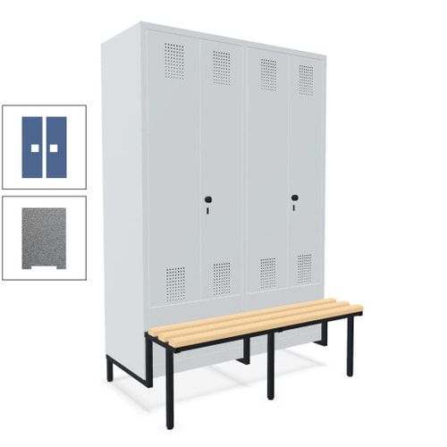 Doppel-Spind, Garderobenschrank, Buche Sitzbank integriert, 4 Abteile 300 mm, Korpus anthrazitgrau, Tür anthrazitgrau, 1.850 x 1.200 x 815 mm (HxBxT)
