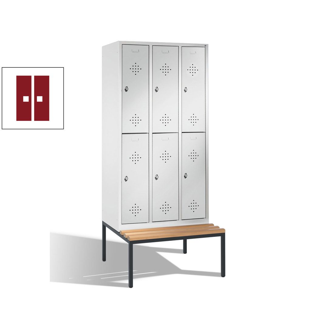 Garderobenschrank, Spind, 3 Abteile 6 Fächer, 2.090 x 1.200 x 815 mm (HxBxT), Hartholz Sitzbank untergebaut, Korpus anthrazitgrau, Türen anthrazitgrau