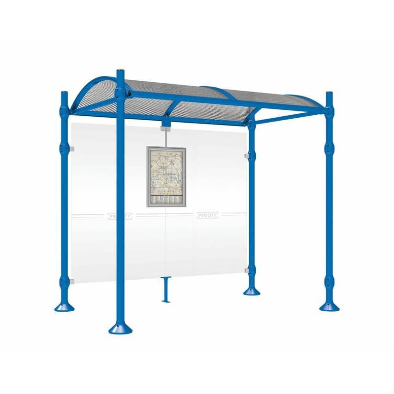 Buswartehalle, Unterstand, 2.500 x 2.500 x 1.600 mm (HxBxT), Kopfmodell Agora, ESG, Fahrplanschaukasten, Farbe enzianblau