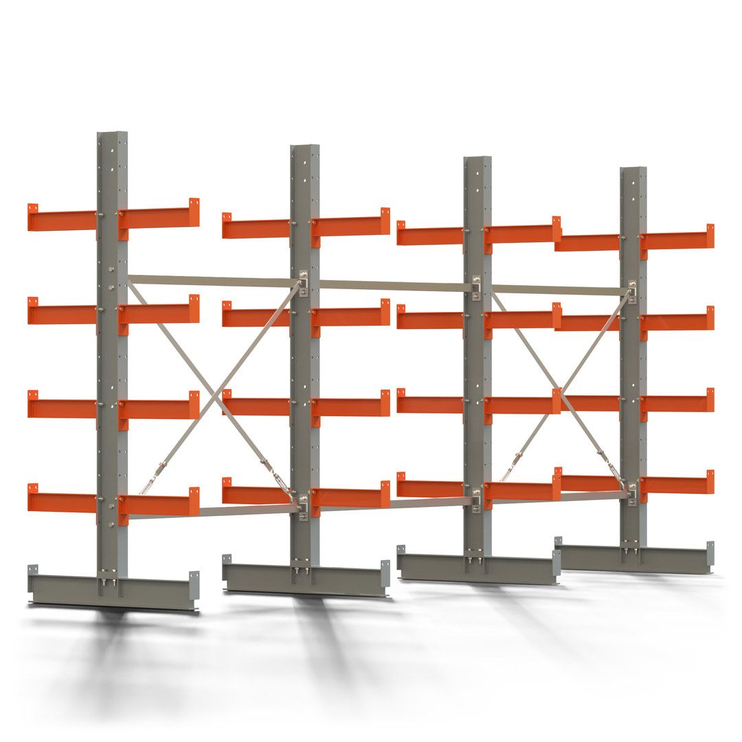 Doppelseitiges Kragarmregal, 2 Felder, 2.000 x 2.560 x 1.120 mm (HxBxT), Nutztiefe 500 mm, Kragarmlast 870 kg, KARL basic, silbergrau/reinorange