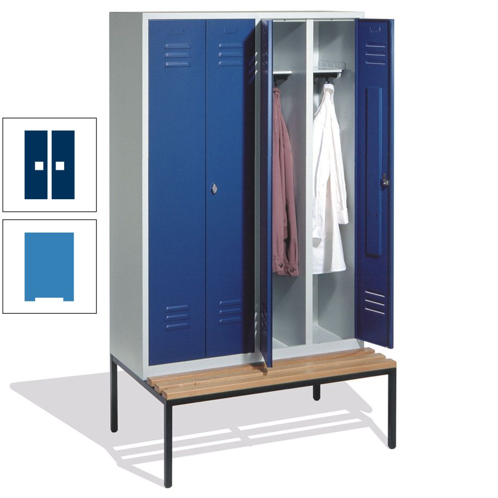 Doppel-Spindschrank, Buche Sitzbank untergebaut, 4 Abteile a 300 mm, Korpus lichtgrau, Tür anthrazitgrau, 2.090 x 1.190 x 815 mm (HxBxT)