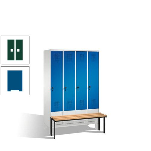 Stahl-Garderobenschrank, Spind, Buche Sitzbank vorgebaut, 4 Abteile a 300 mm, Korpus Lichtgrün, Tür Schwefelgelb, 1.850 x 1.200 x 815 mm (HxBxT)