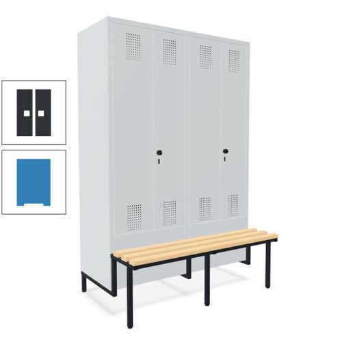 Doppel-Spind, Garderobenschrank, Buche Sitzbank integriert, 4 Abteile 300 mm, Korpus anthrazitgrau, Tür anthrazitgrau, 1.850 x 1.200 x 815 mm (HxBxT)