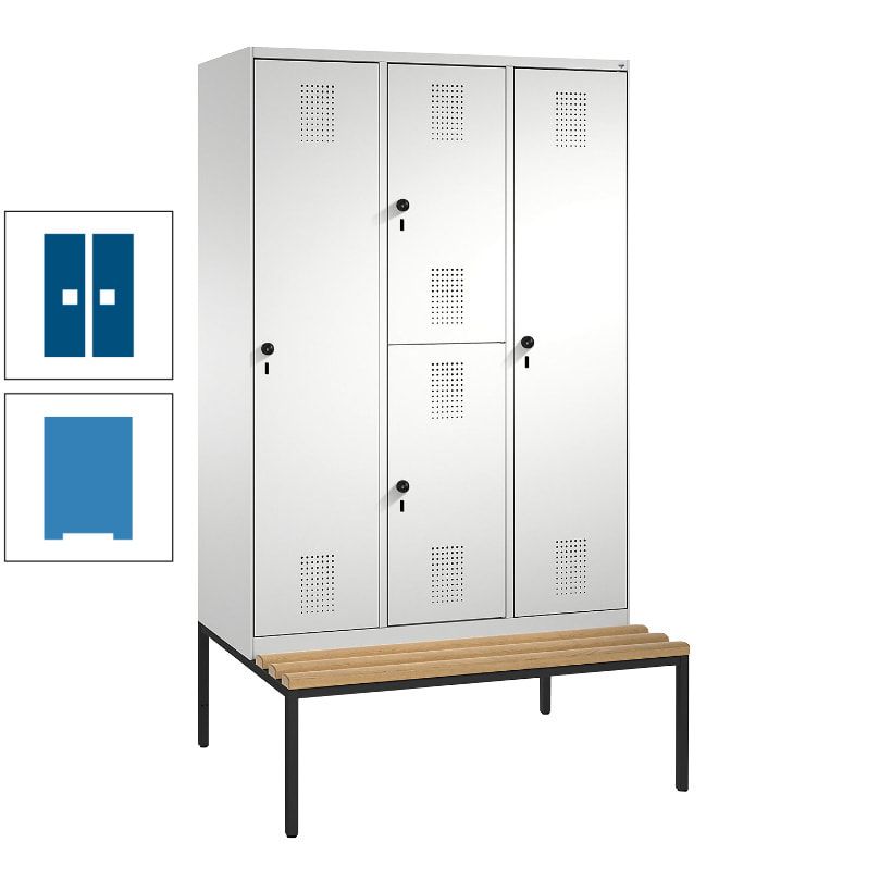 Garderobenschrank, Spind ein- und doppelstöckig Sitzbank, 3 Abteile, 4 Fächer, 2.090x1.200x500 mm (HxBxT), Front anthrazitgrau, Korpus anthrazitgrau