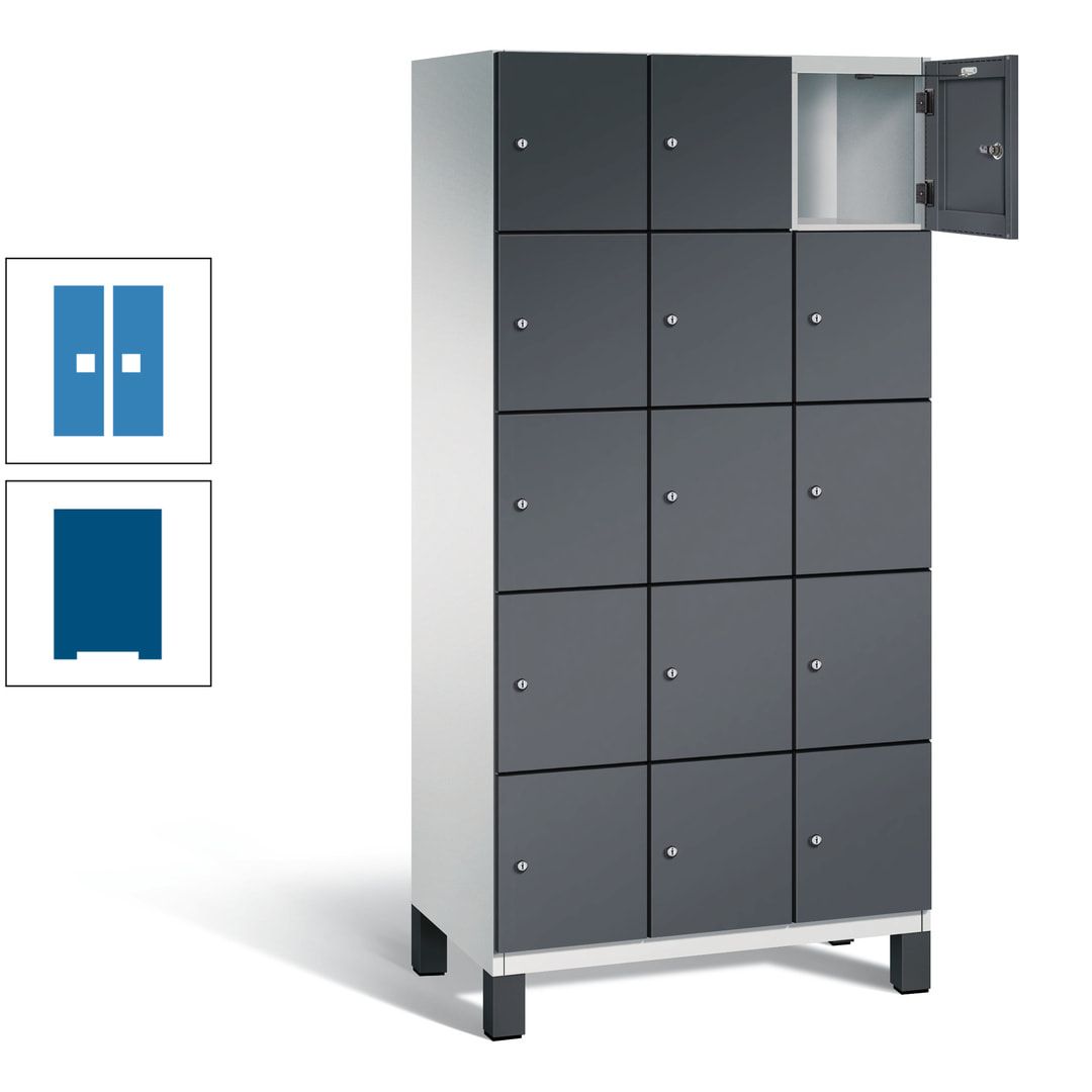 Fächerschrank, Stahlschrank, 15 Fächer, Türöffnungsbegrenzer, Füße, 1.980 x 900 x 525 mm (HxBxT), Korpus anthrazitgrau, Front anthrazitgrau