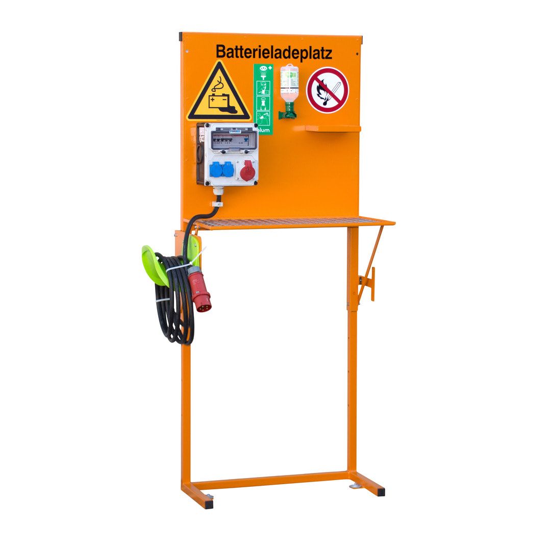 Batterieladeplatz, Typ BL2, 16 A, 400 V, lackiert, mit Augenspülflasche, Fehlerstrom-Schutzeinrichtung, höhenverstellbar, CEEform Steckdose