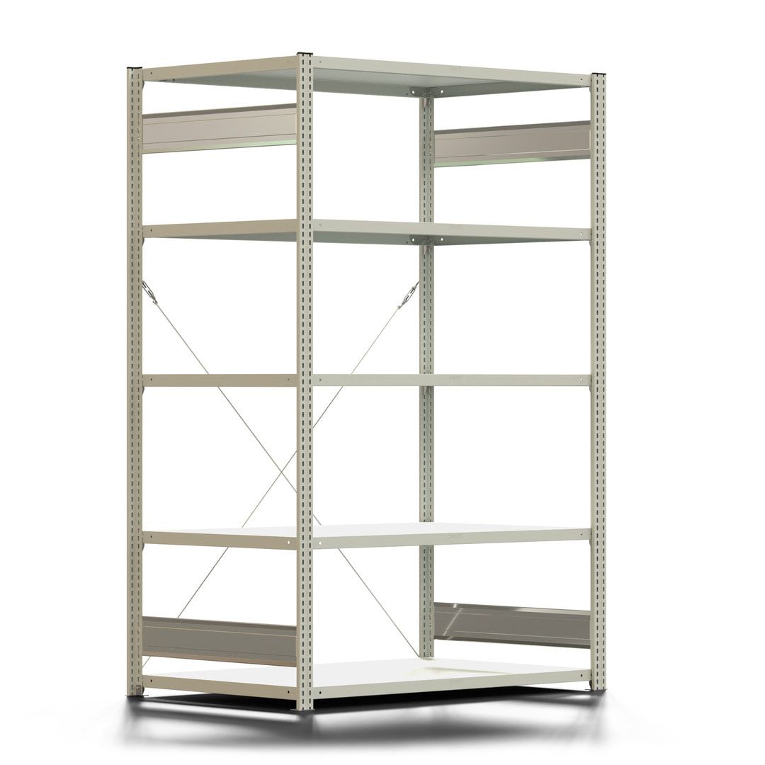 Fachbodenregal mit Tiefenriegel - 150 kg - 2.000 x 1.285 x 800 mm (HxBxT) - Anbauregal - lichtgrau - 5 Böden - BERT