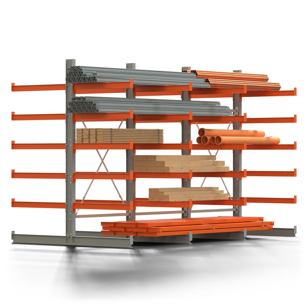 Doppelseitiges Kragarmregal, 2 Felder, 2.500 x 2.560 x 1.120 mm (HxBxT), Nutztiefe 500 mm, Kragarmlast 870 kg, KARL basic, silbergrau/reinorange