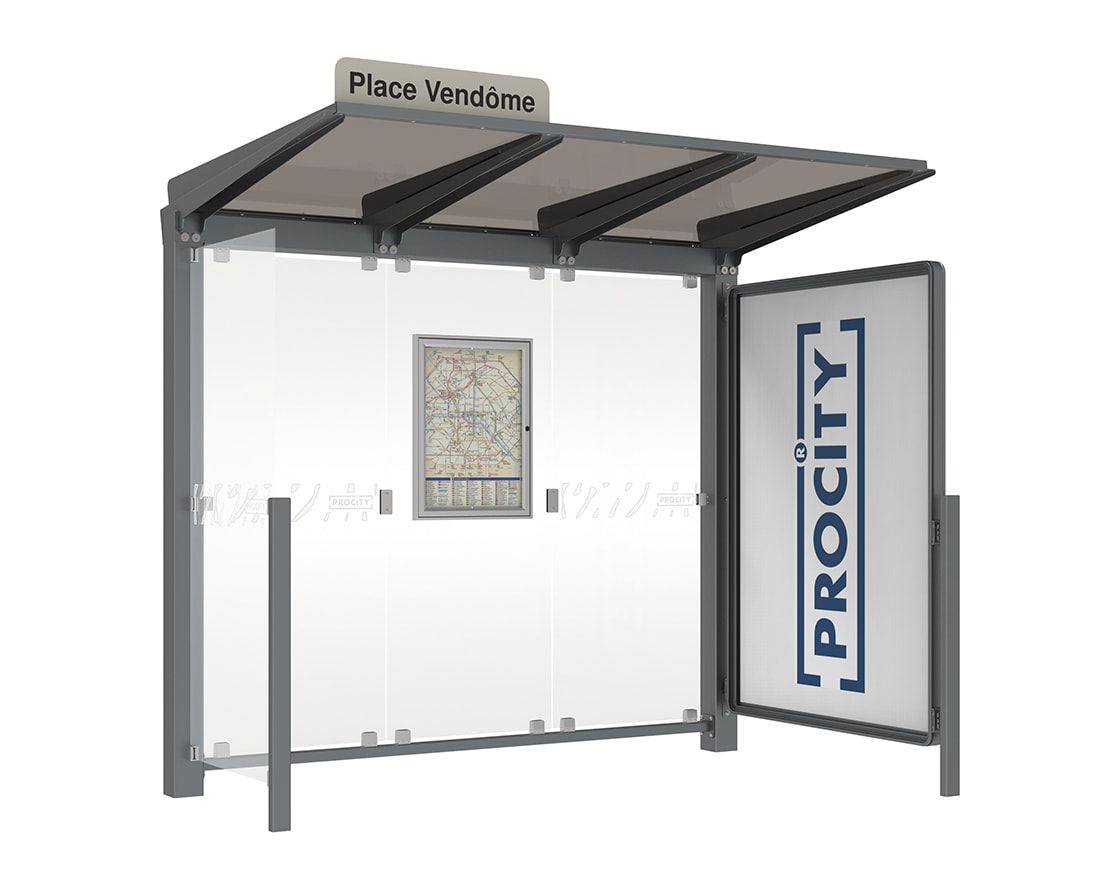 Buswartehalle - Unterstand - Fahrplankasten - Haltestellenschild - Seitenwand - Schaukasten- 2.390 x 2.500 x 1.500 mm (HxBxT) - enzianblau