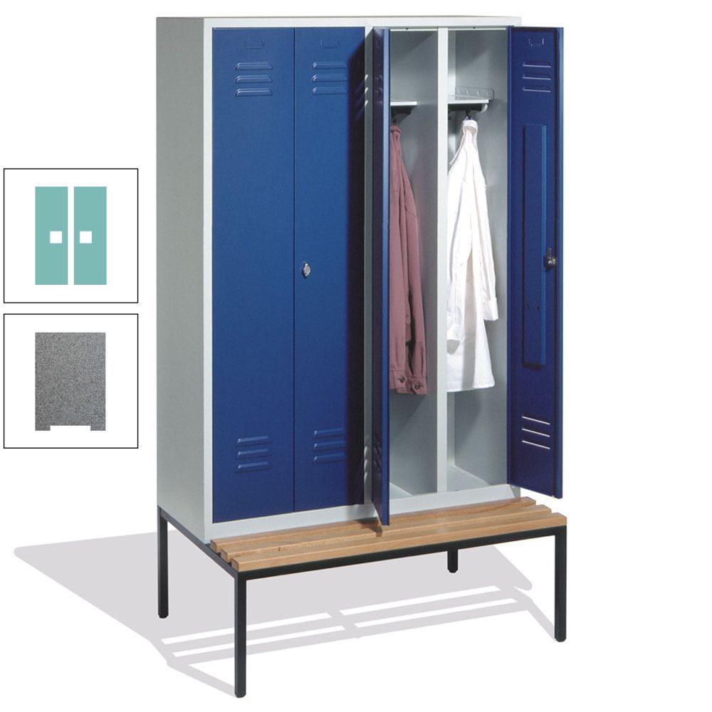 Doppel-Spindschrank, Buche Sitzbank untergebaut, 4 Abteile a 300 mm, Korpus lichtgrau, Tür anthrazitgrau, 2.090 x 1.190 x 815 mm (HxBxT)
