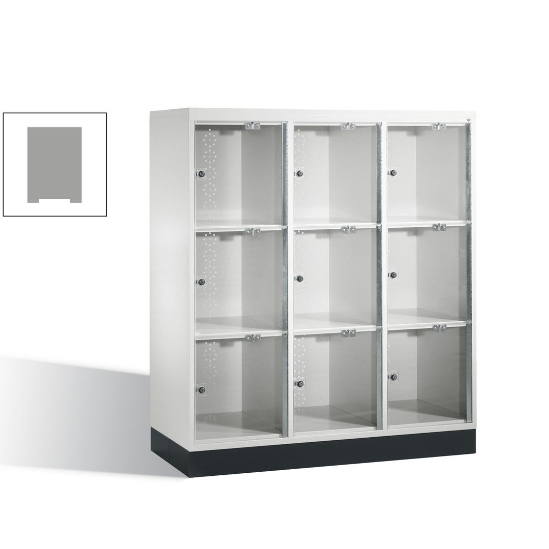Schließfachschrank, Fächerschrank mit Türen aus Acrylglas, 3 Abteile, 9 Fächer, Zylinderschloss, 1.370 x 1.220 x 500 mm (HxBxT), Korpus anthrazitgrau