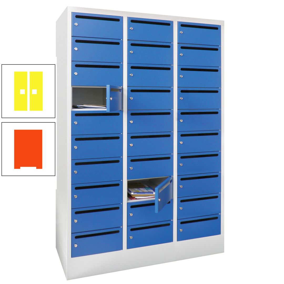 Postverteilerschrank, Schließfachschrank, 3 Abteile a 300 mm, 30 Fächer, 1.850 x 900 x 500 mm (HxBxT), Korpus anthrazitgrau, Front anthrazitgrau