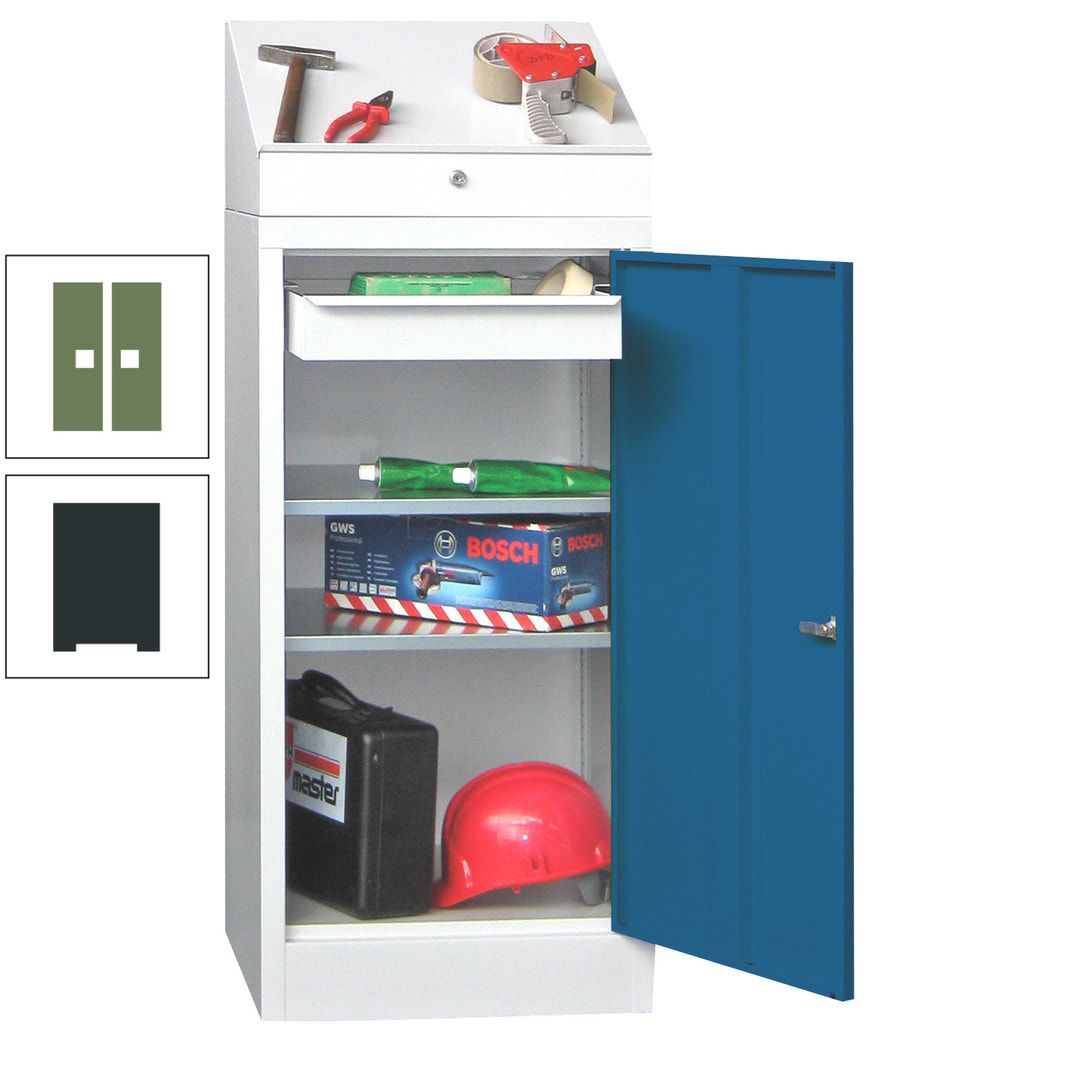 Stehpult mit Schrank - Vollblechtür - 1 Einlegeboden, 1 Ausziehboden, 1 Schublade - 1.270x500x500 mm (HxBxT) - anthrazitgrau