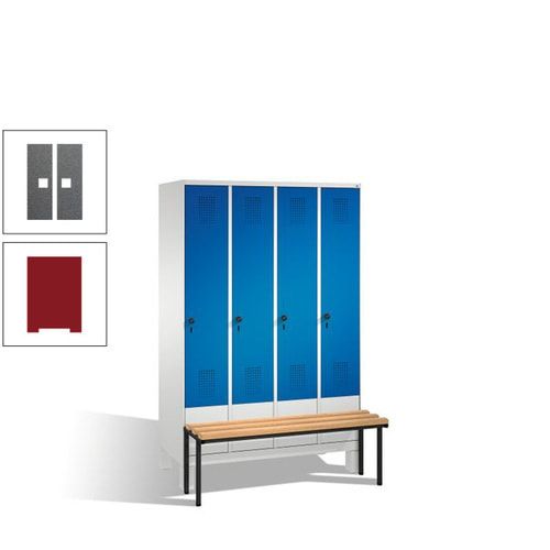Stahl-Garderobenschrank, Spind, Buche Sitzbank vorgebaut, 4 Abteile a 300 mm, Korpus Lichtgrün, Tür Schwefelgelb, 1.850 x 1.200 x 815 mm (HxBxT)