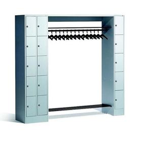 Garderobenanlage, Offene Garderobe mit Spindschrank, 15 Fächer, links/rechts, Korpus lichtgrau, Türfarbe wählbar, 1.950 x 2.100 x 480 mm (HxBxT)
