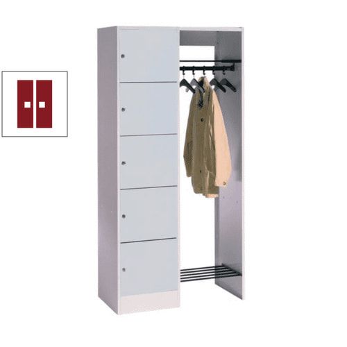 Garderobenanlage, Offene Garderobe mit Spindschrank, 5 Fächer, links, Korpusfarbe lichtgrau, Türfarbe enzianblau, 1.950 x 960 x 480 mm (HxBxT)